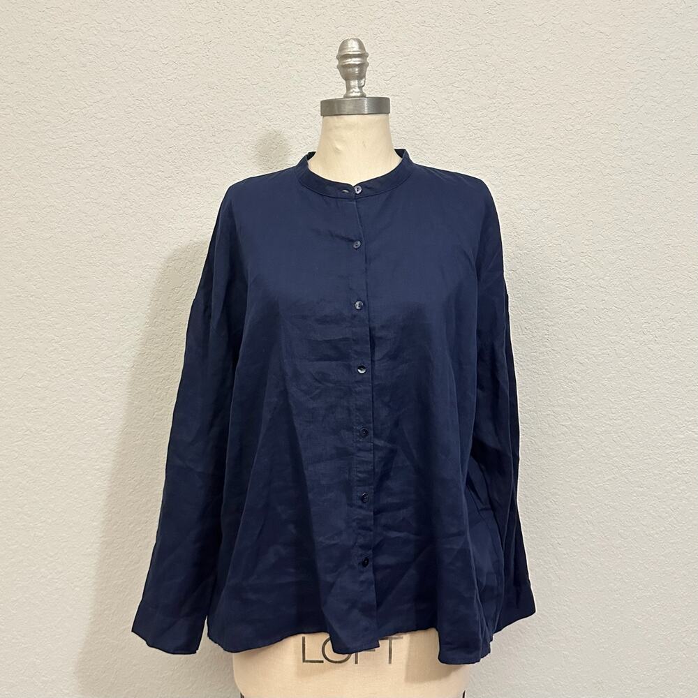 EILEEN FISHER Top Midnight Blue Organic Linen Mandarin Collar Boxy NWT